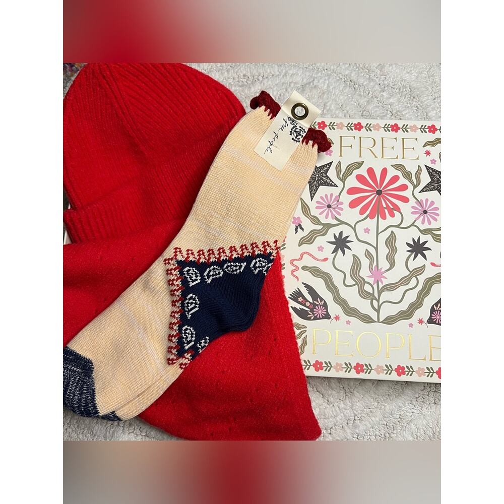 Merry Free People Bundle in Red Beanie Hat, Neckerchief Scarf & Socks Gift Box - Picture 2 of 15